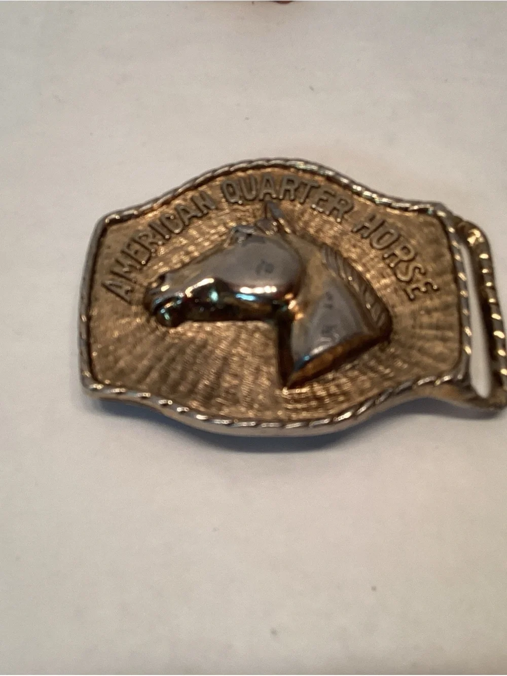 Vintage American Quarter Horse Belt Buckle Gold Tone Brass JJJ Heavy Equestrian